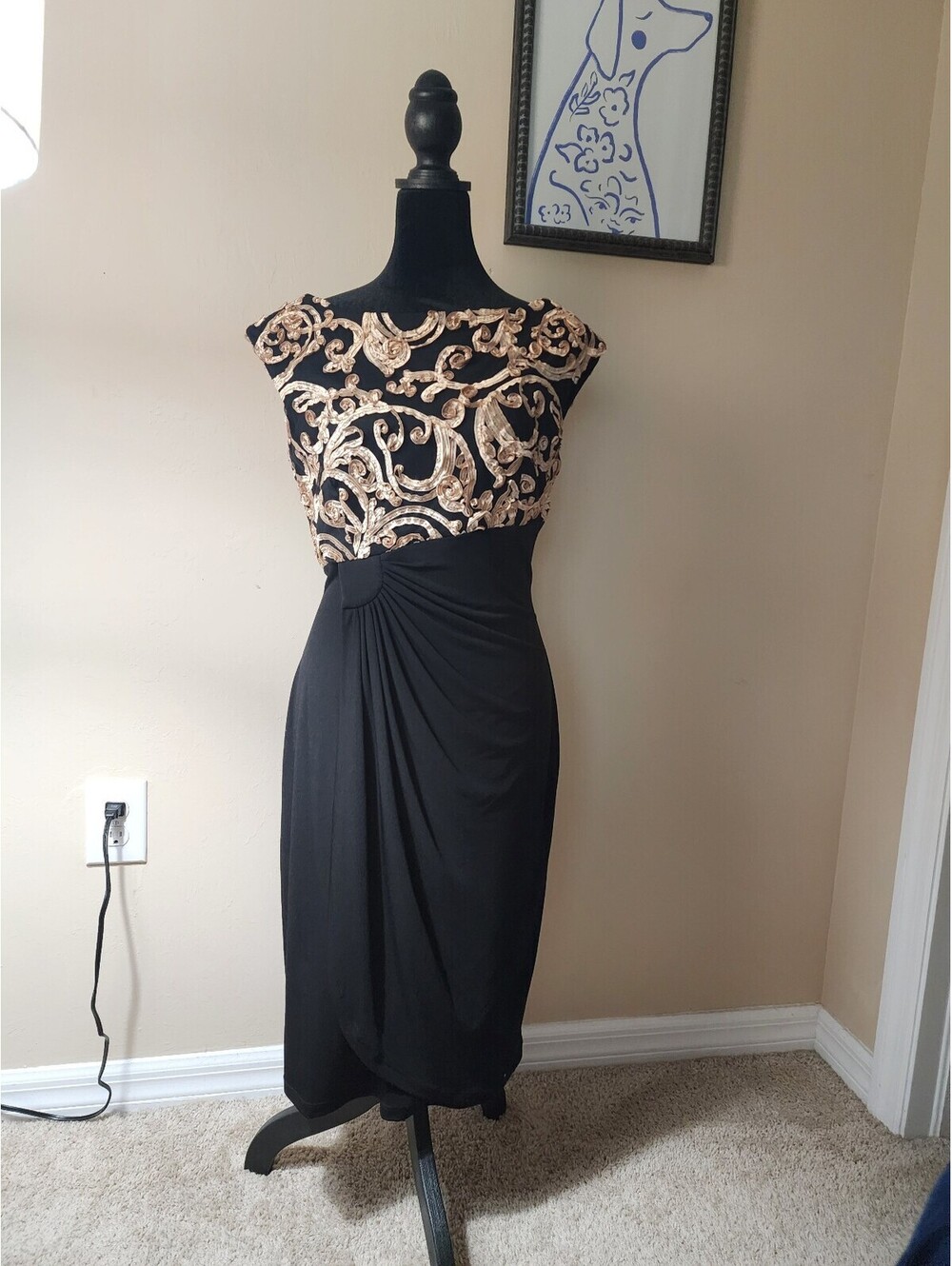 Women's Black and Gold Embroidered Cocktail Dress Size 6